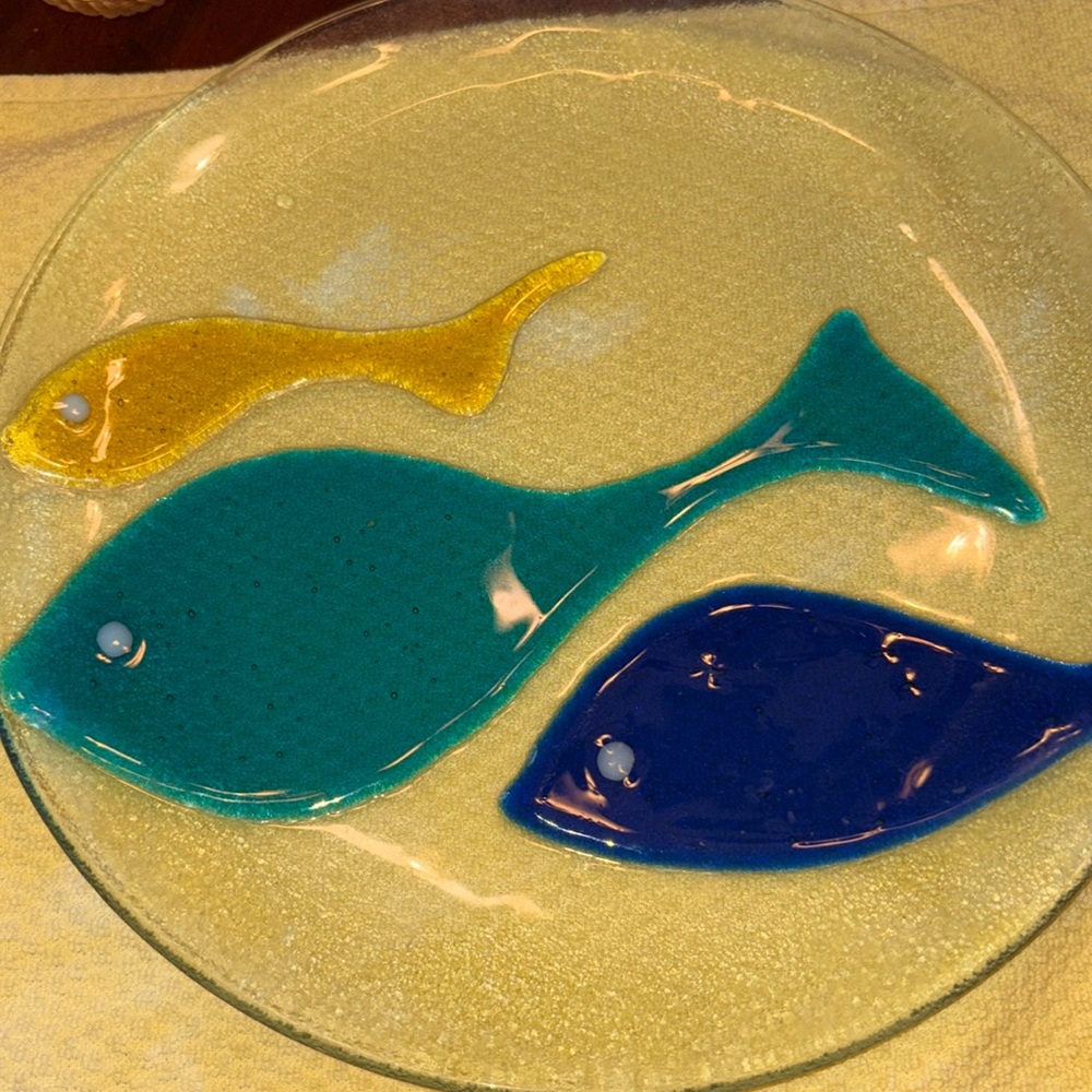Pottery Barn Artisan Fused Glass Fish Plate Appetizer Dish 11.75” Coastal